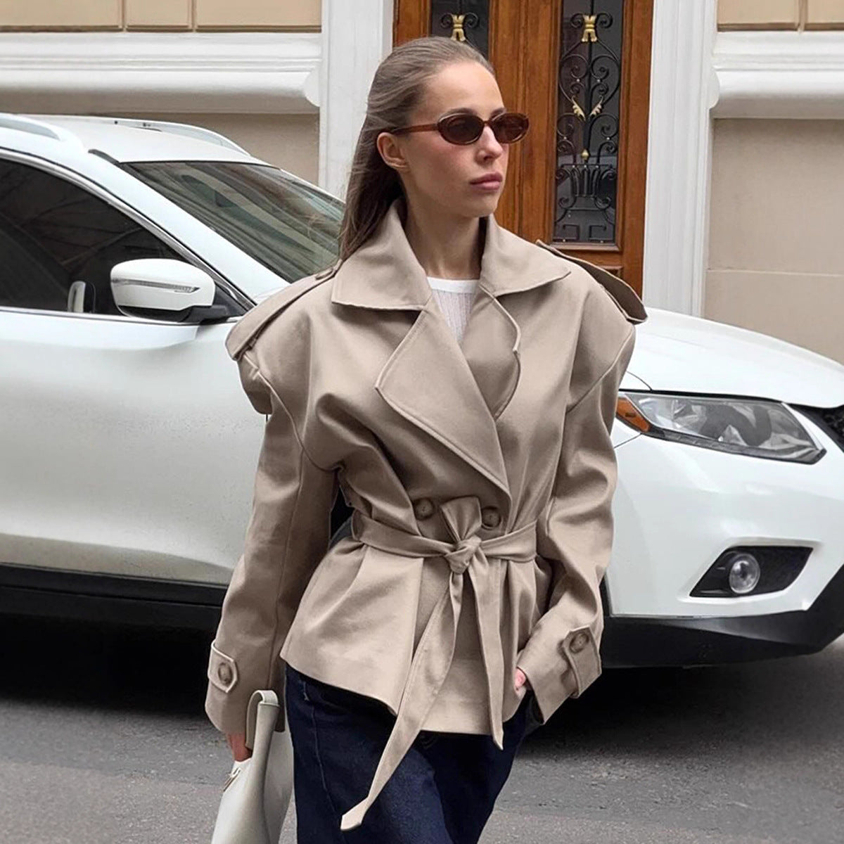 Long Sleeved Lace up Windbreaker Autumn Elegant Collared Belt Waist Trimming Coat Women