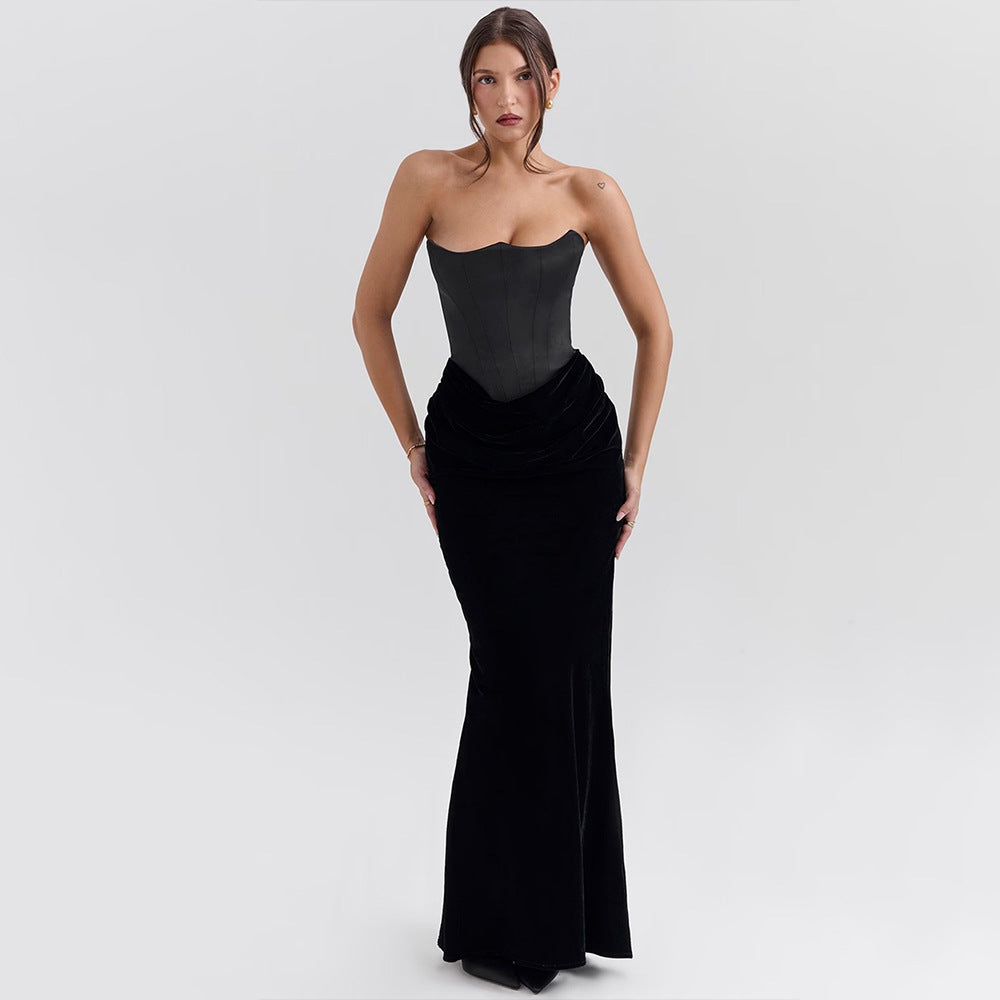 Sexy Elegant Tube Top Package Hip Maxi Dress Solid Color Stitching Sleeveless Slim Fit Dress