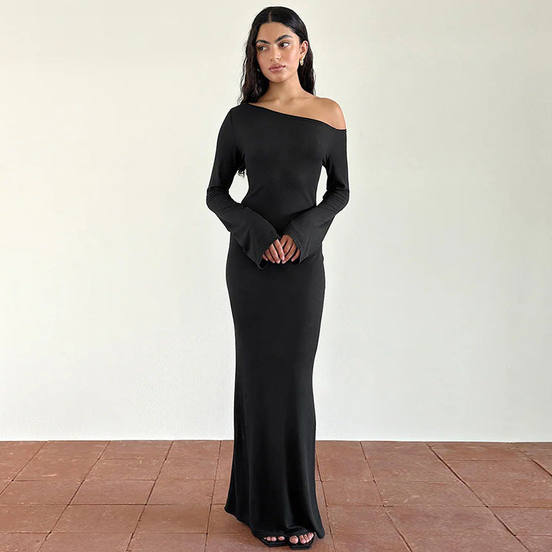 Women Clothing Autumn Elegant Oblique Shoulder Long Sleeve Dress Women Solid Color Sexy Formal Dress