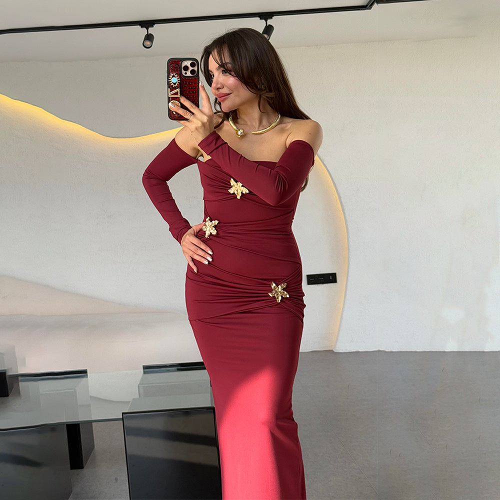 Pleated Long Sleeved Women Dress Fashionable Sexy Sheath Slim Fit Dress