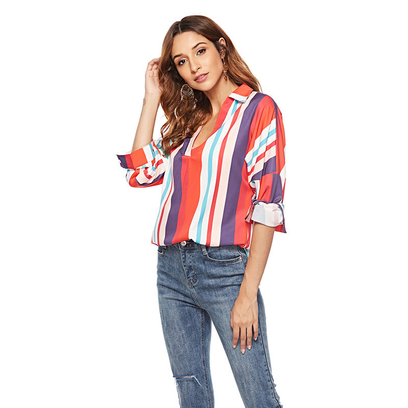 Women Clothing Color Stripes V Neck Long Sleeve Shirt All Matching Shirt