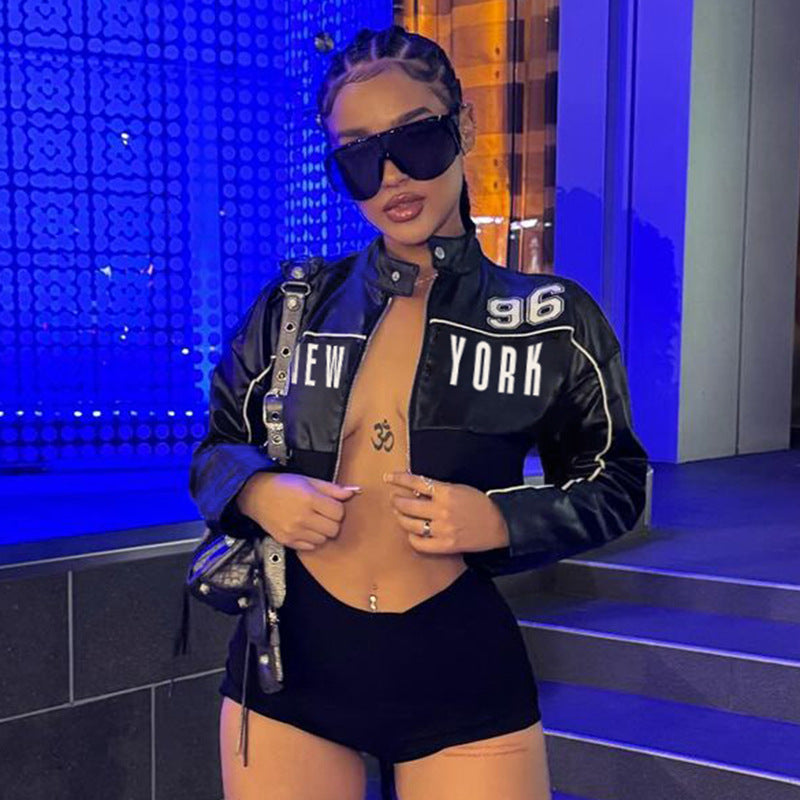 Personality Locomotive Leather Jacket Contrast Color Bud Stripe Numbers Short Faux Leather Jacket Spring Autumn