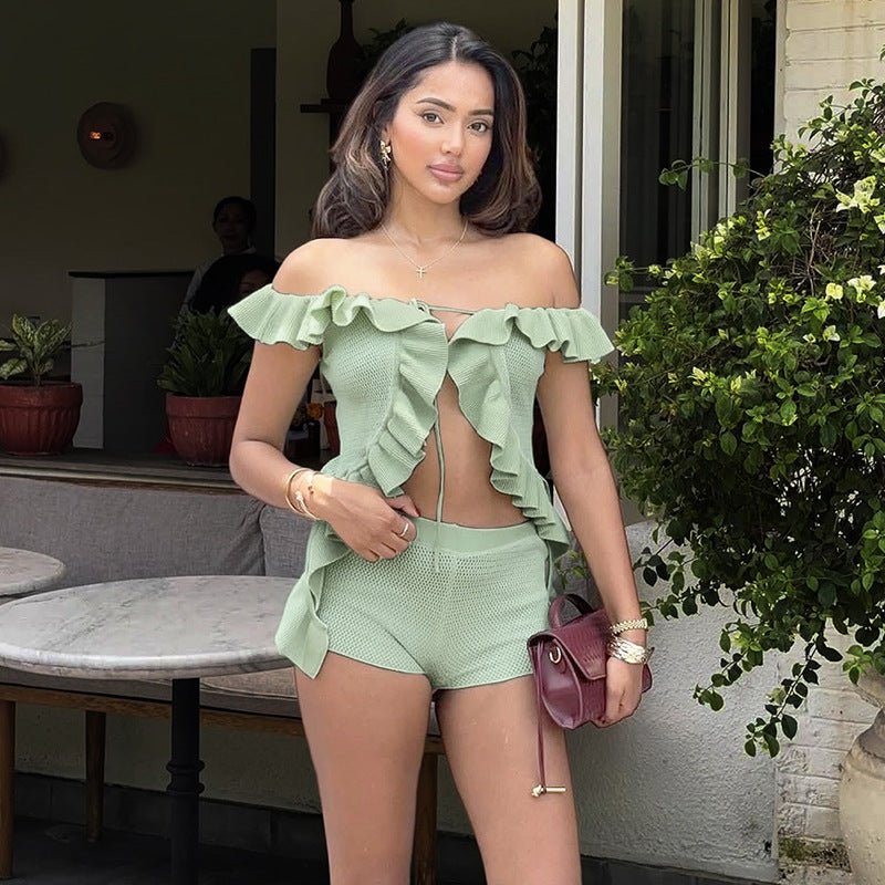 Women Clothing Summer Sexy off Shoulder Cropped Lace up Top Slim High Waist Shorts Two Piece Set