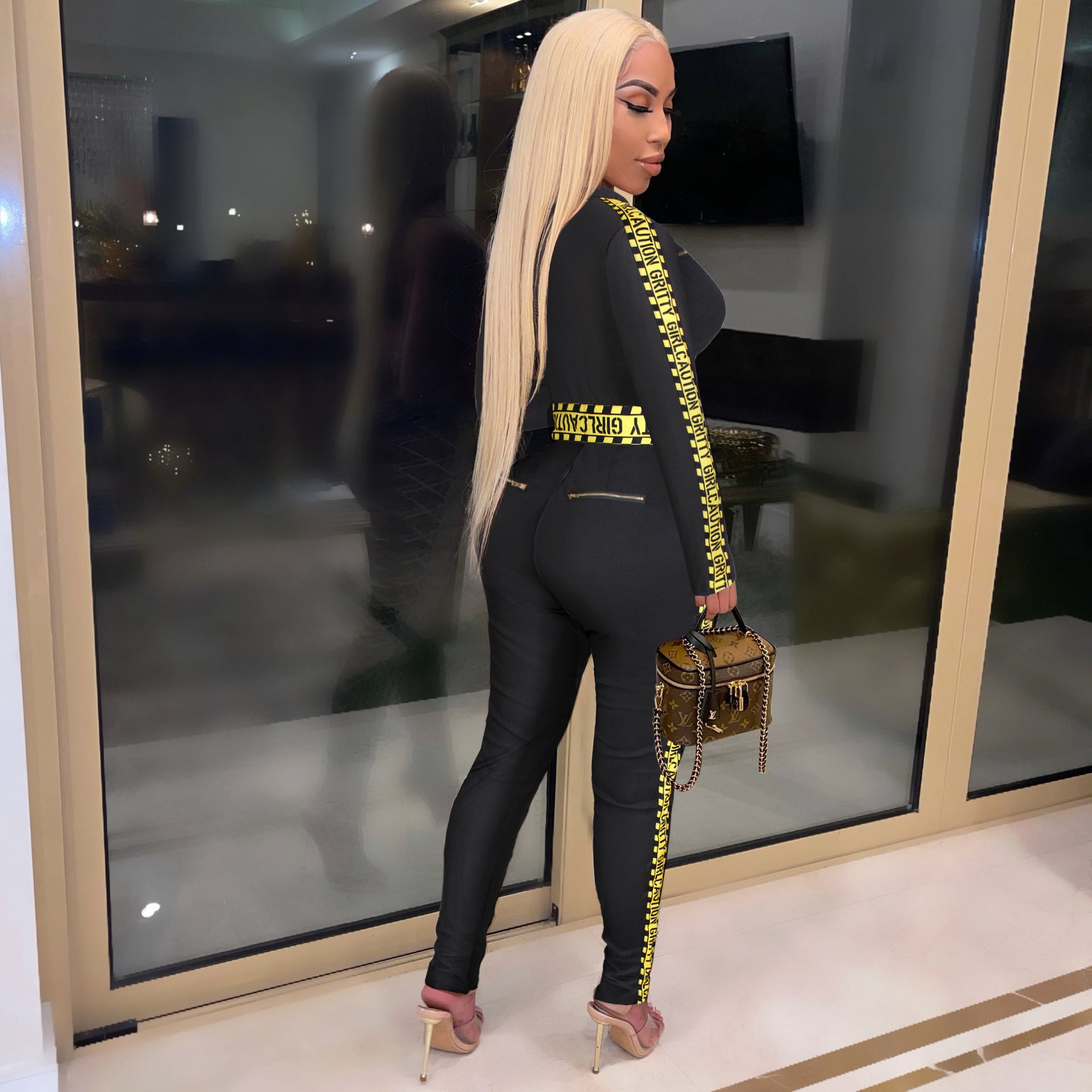 Women Clothing Sexy Letters Printing Strip Stitching Jumpsuit