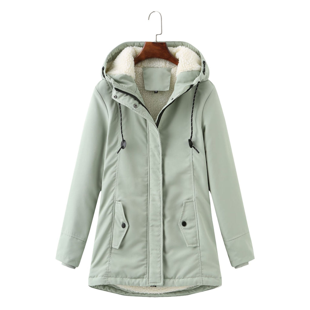 Ladies Hooded Lambswool Parka Winter Warm Waist Women Cotton-Padded Coat