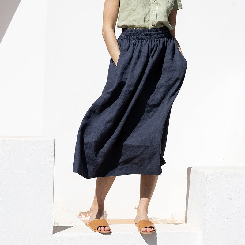 Falda de algodón y ramio para mujer, cintura elástica, adelgazante, talla grande, de algodón y lino, con dobladillo grande, línea A