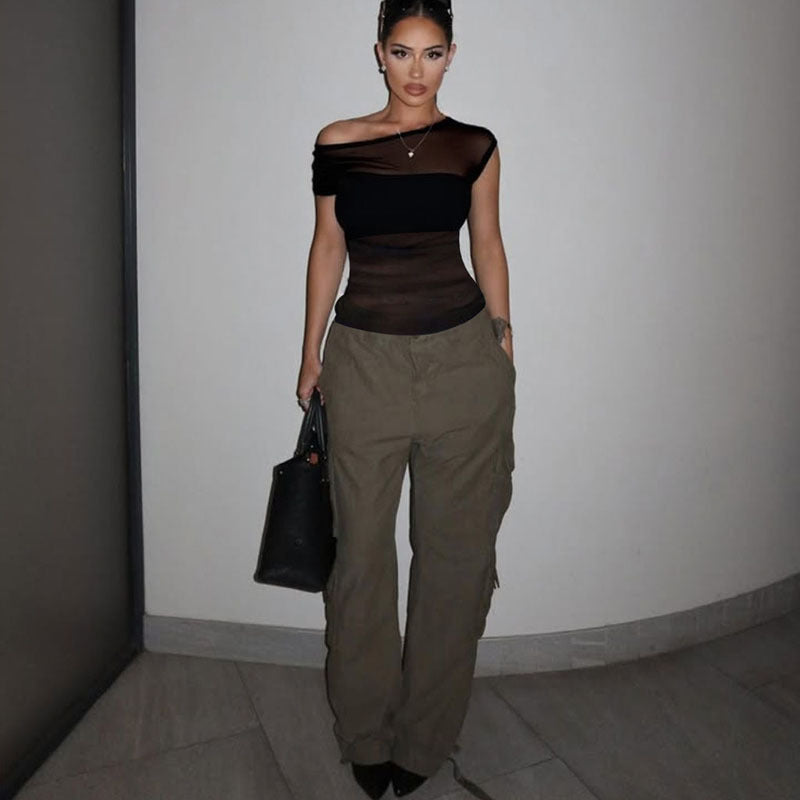 Spring Summer Women Sexy Sheer Mesh Slim Fit Patchwork Solid Color Top for Women