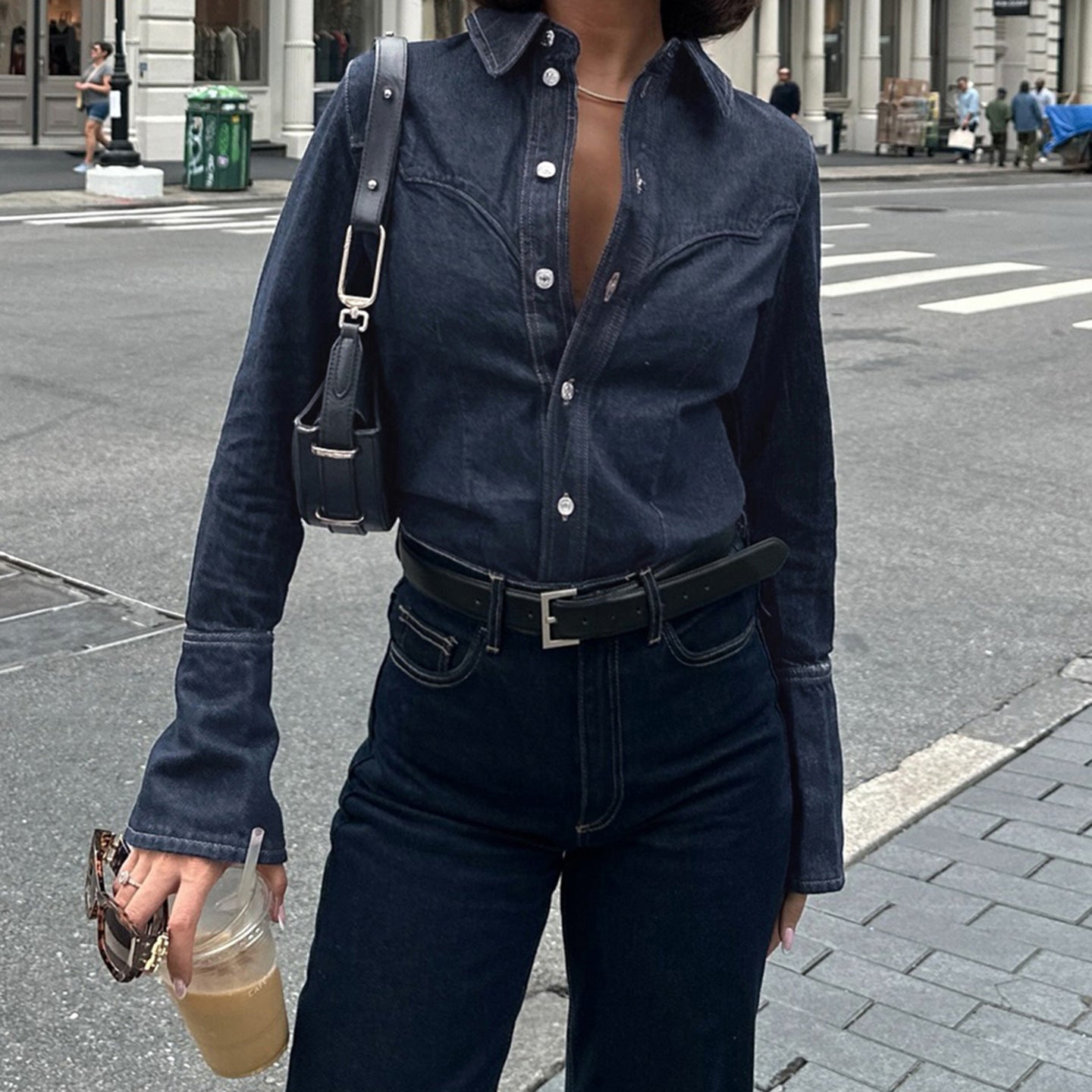 Autumn Winter Blue Split Shirt Women's Bandage Dress Inner Collared Loose Breasted Jacket