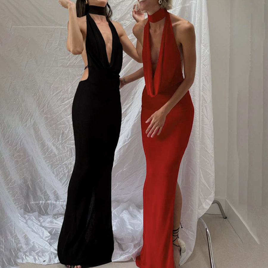 Women Clothing Autumn Winter Elegant Sexy Halter V neck Backless Side Slit Dress