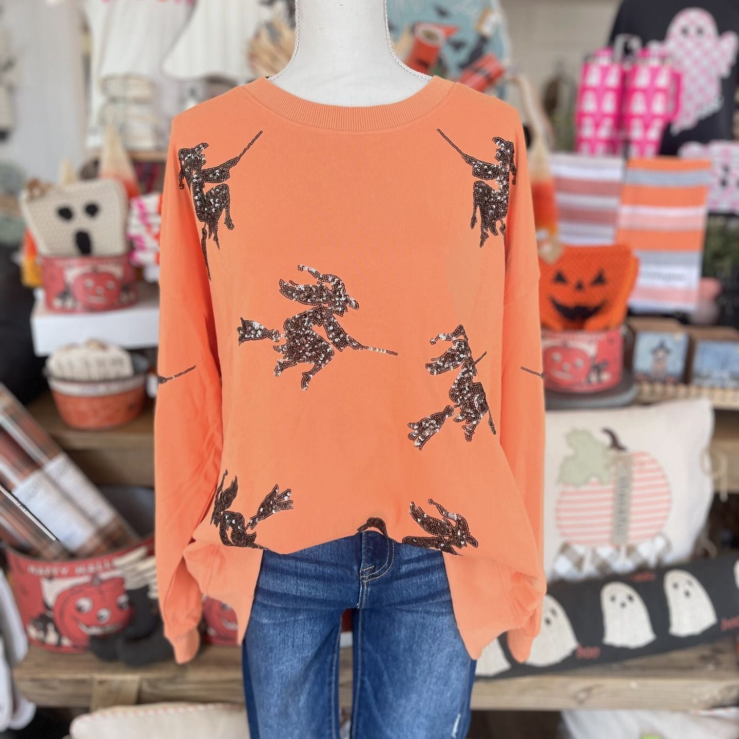 Ladies Summer Personality Street Halloween Theme Sequined Witch Sweatshirts