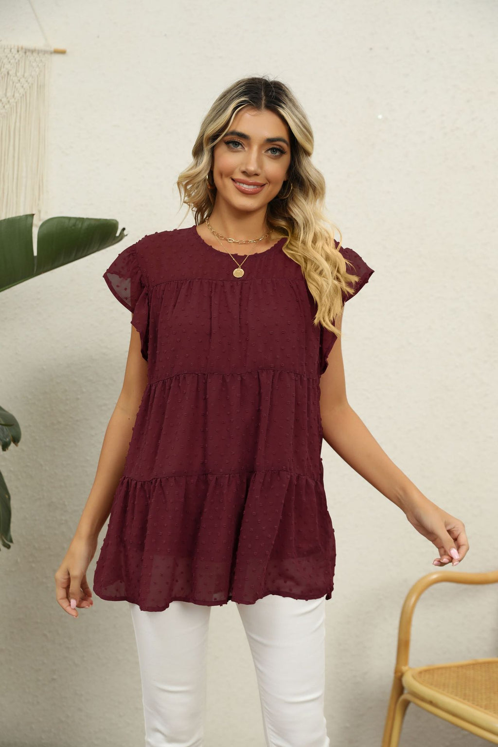 Jacquard Loose Fitting Casual Comfortable Stitching Short Sleeved Top
