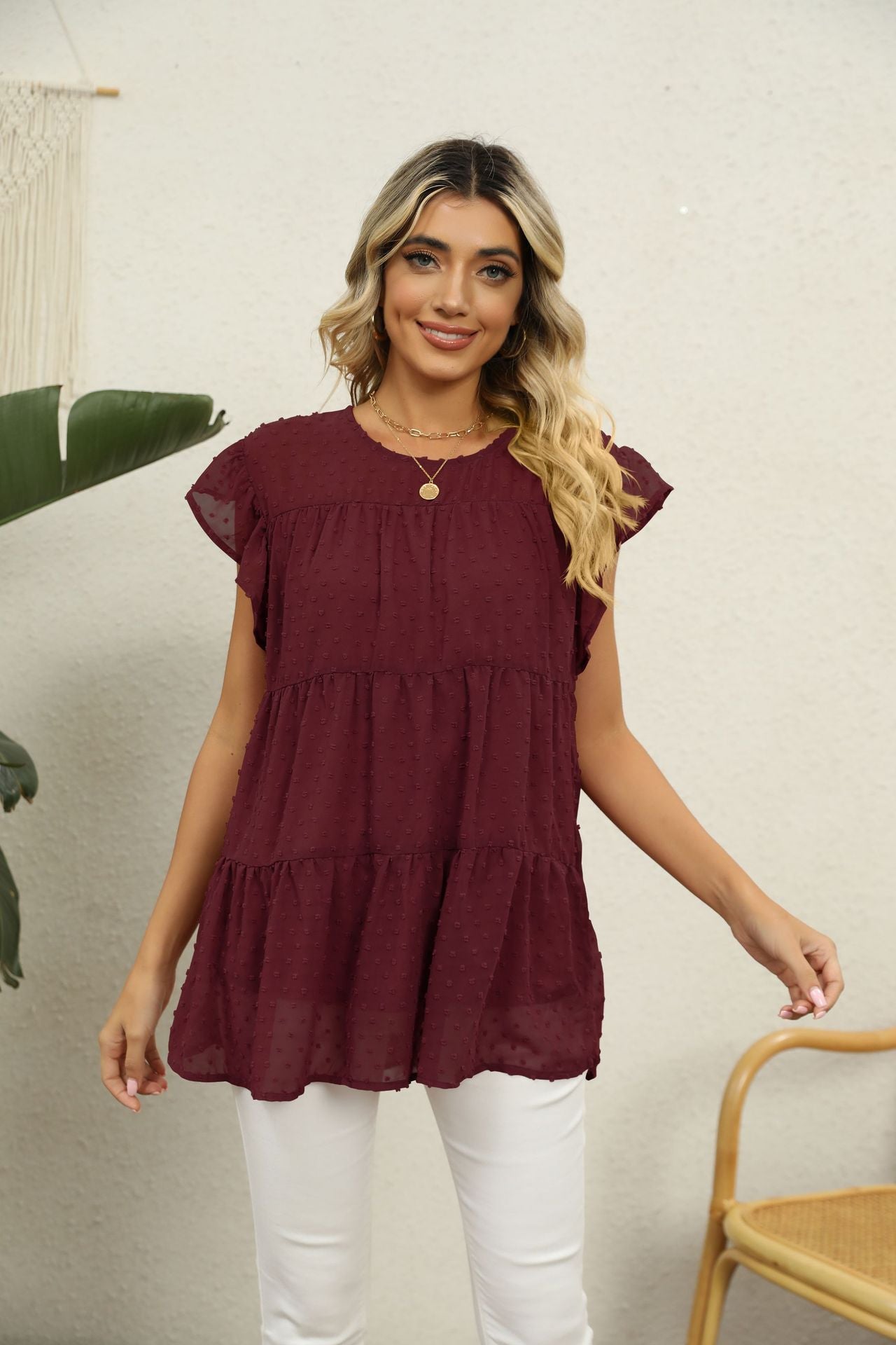 Jacquard Loose Fitting Casual Comfortable Stitching Short Sleeved Top