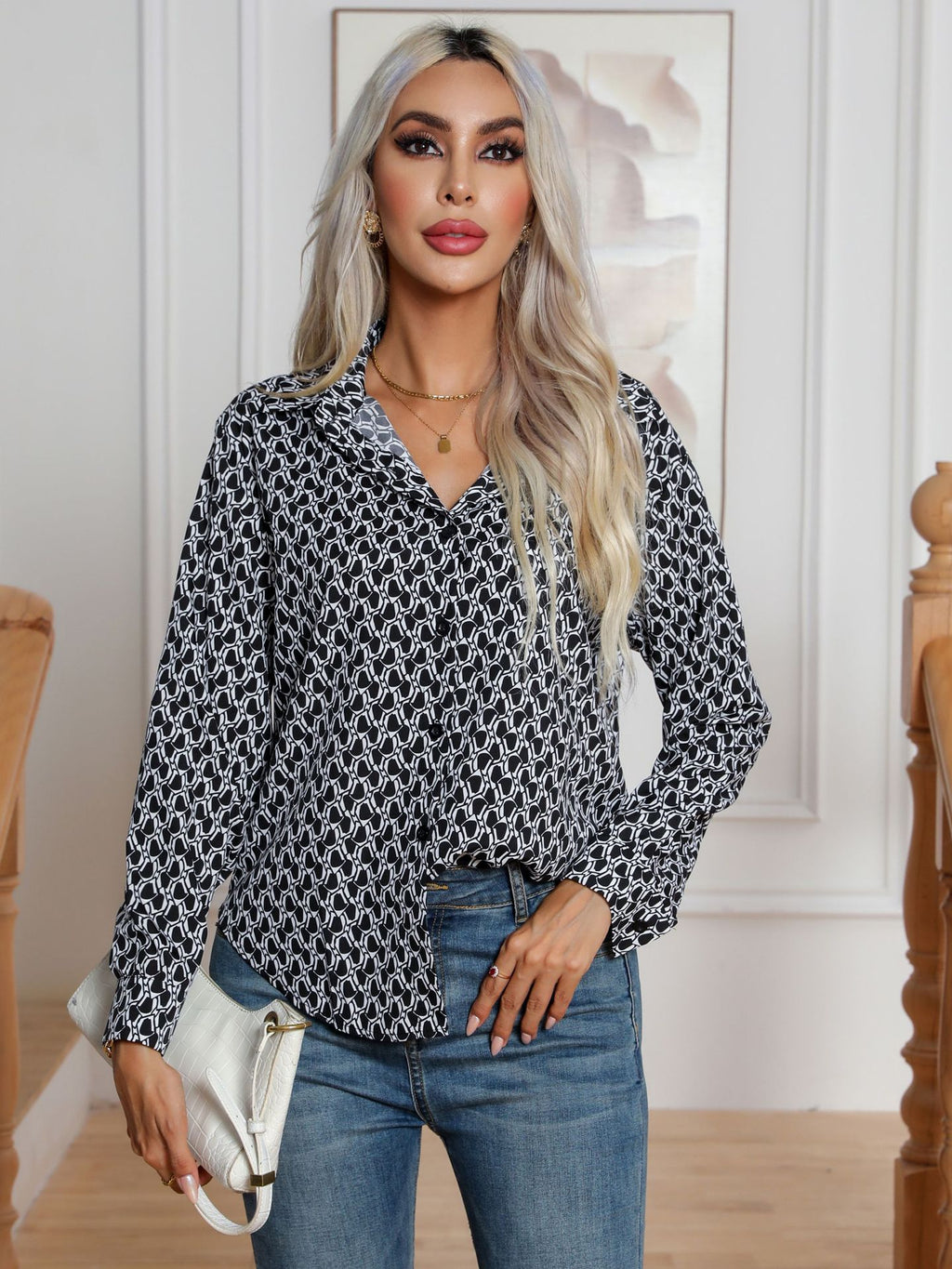 Geometry Pattern Printed Shirt Women Long Sleeved Shirt Autumn Winter Women Clothing