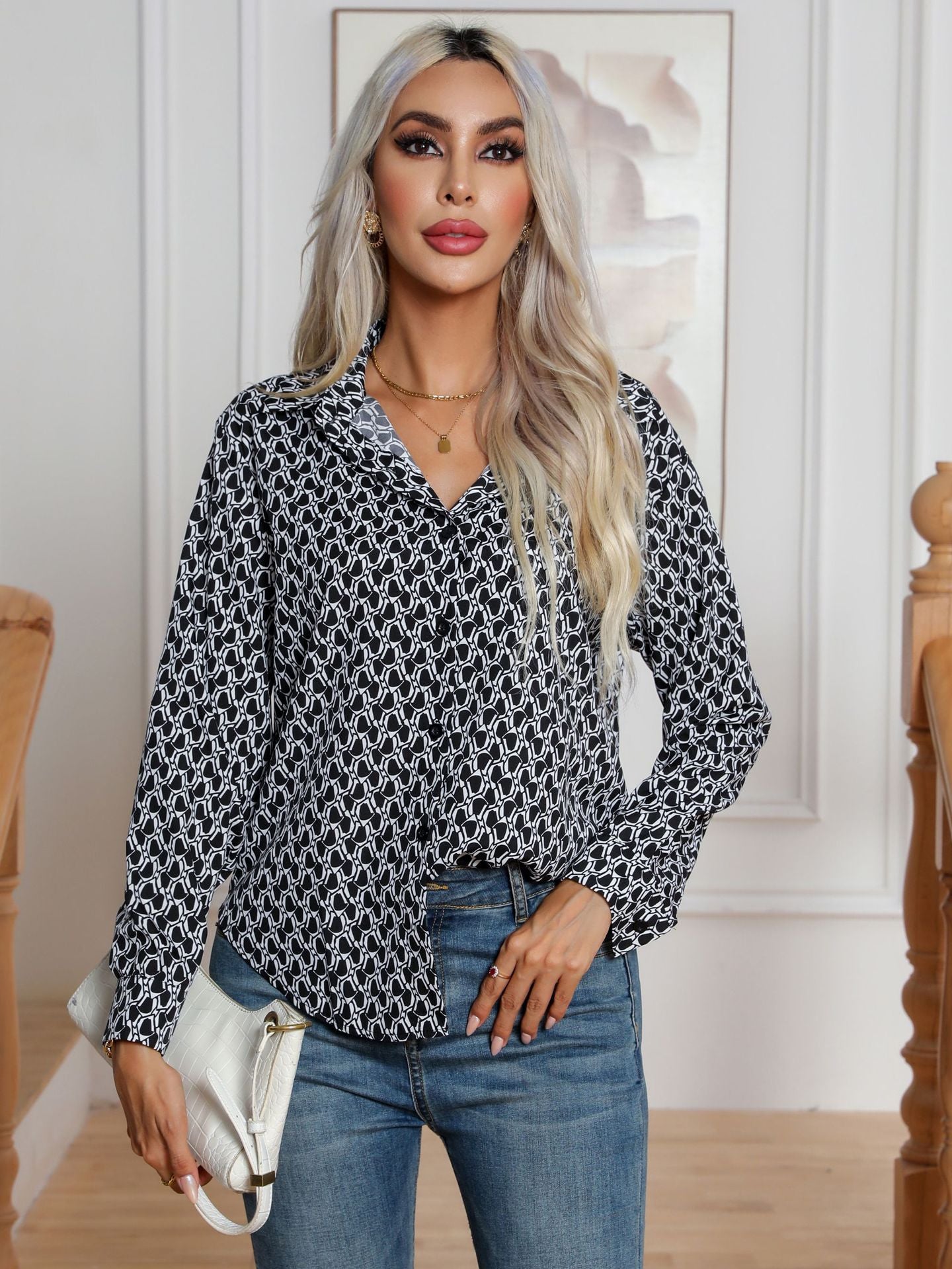 Geometry Pattern Printed Shirt Women Long Sleeved Shirt Autumn Winter Women Clothing