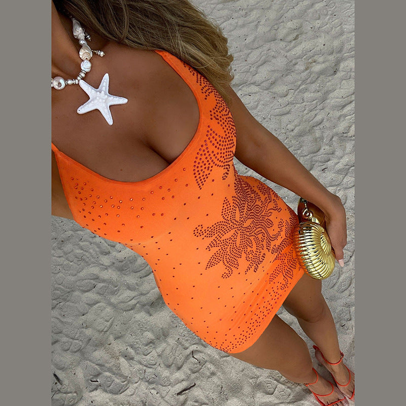 Women Clothing Spring Sexy U Collar Drilling Backless Slim Fit Hip Spaghetti Straps Dress