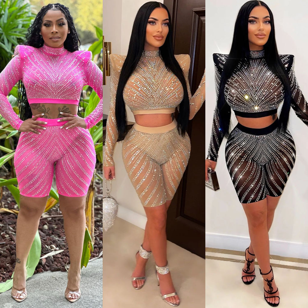 Summer Women Clothing Sexy Tight Mesh See through Long Sleeve Drilling Two Piece Set Rain Pants