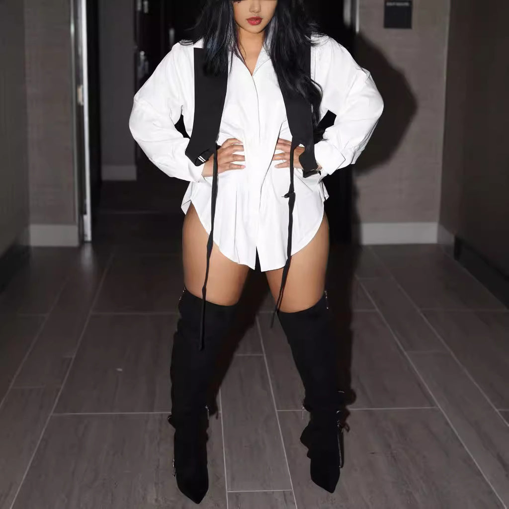 Women Clothing Shirt Dress Ribbon Waistcoat Faux Two Piece Long Sleeve Shirt Autumn