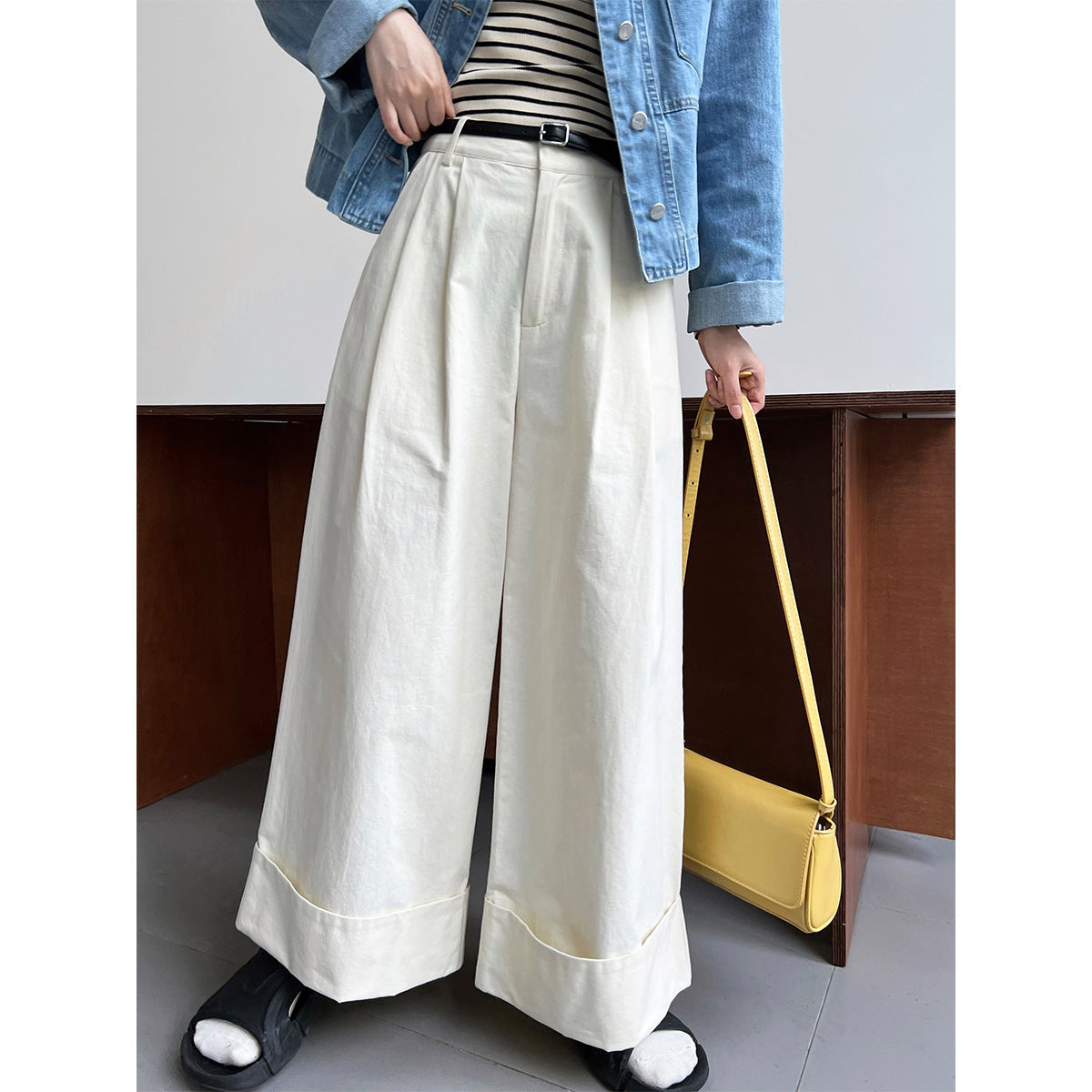 Washed Cotton Work Pant Trousers Women Summer Slimming Slim Fit Casual Curling Wide Leg Pants