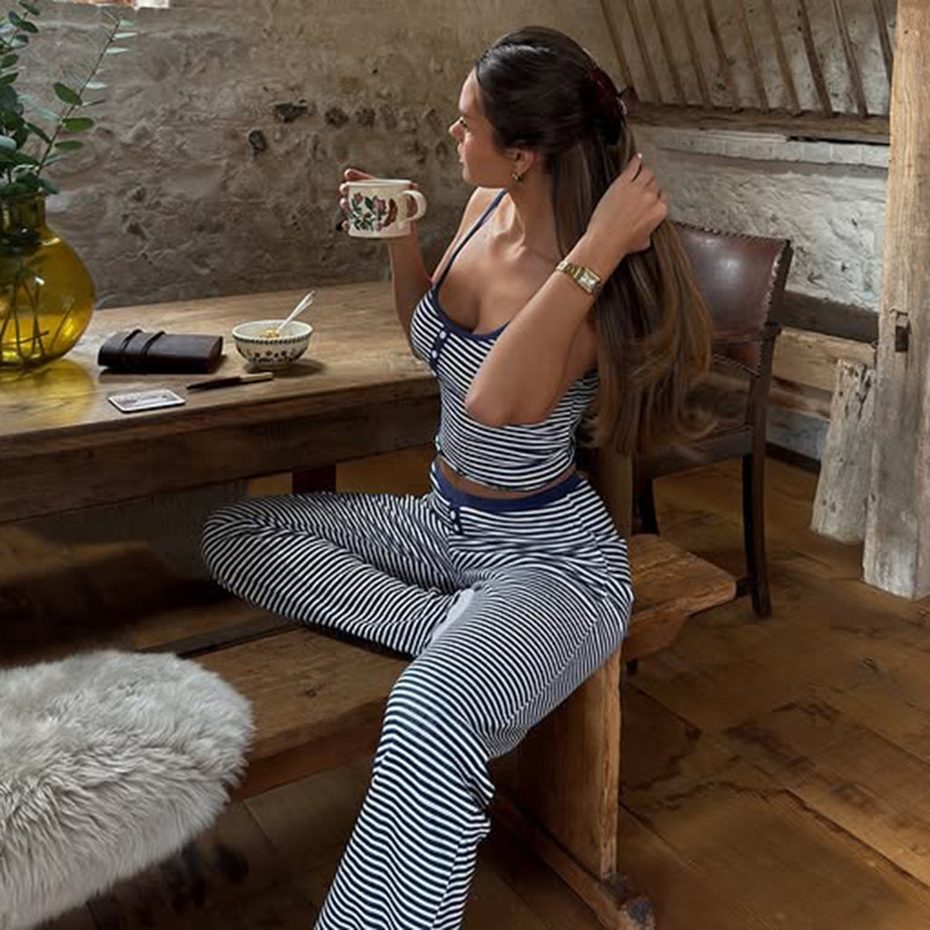 Casual Homewear Striped Contrast Color Breasted Sling Top Trousers Pajamas Two Piece Set for Women
