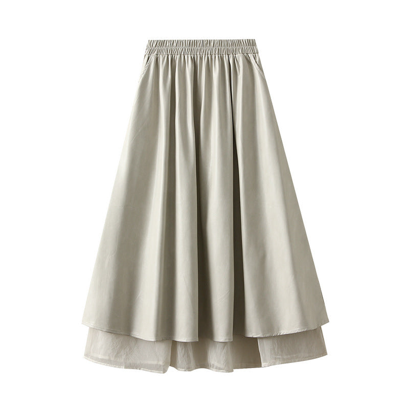 Faux Two Piece Faux Leather Skirt Women Autumn Slimming Wear Mid Length A line Skirt