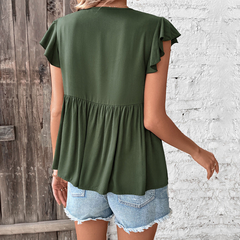 Summer Women Solid Color Flying Sleeve Shirt