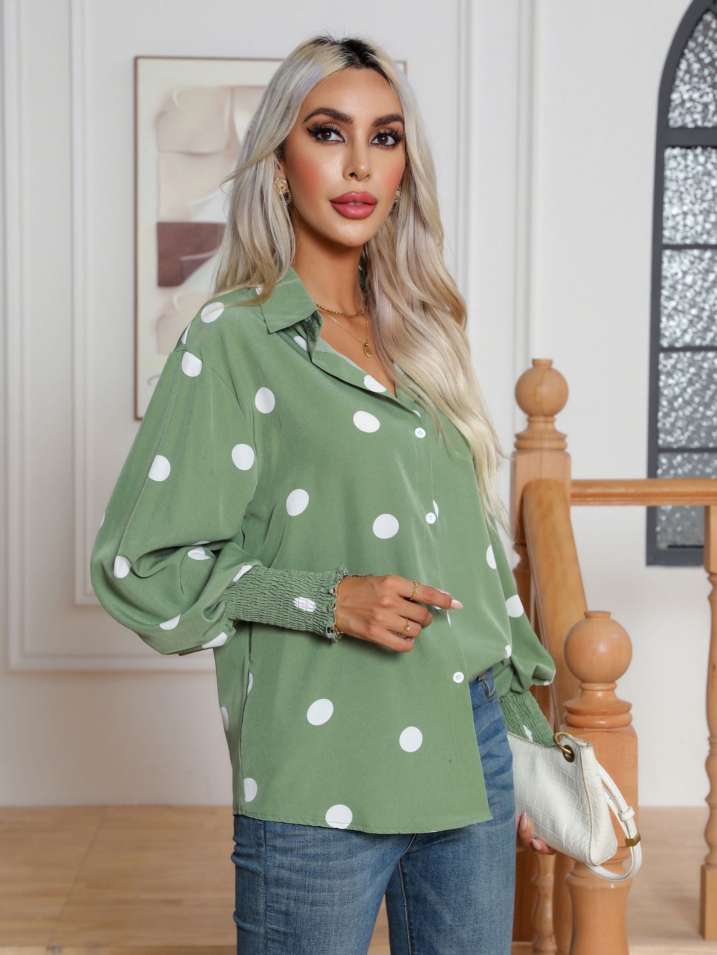 Polka Dot Print Lantern Sleeve Shirt Women Long Sleeved Shirt Top Women Clothing