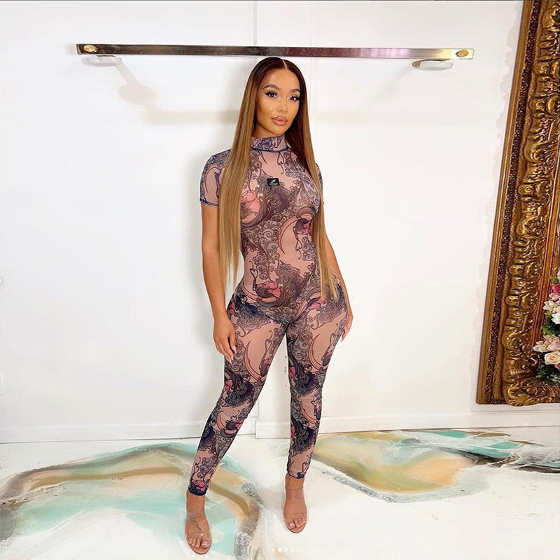 Summer Women Clothing Sexy See through Mesh Floral Print Hollow Out Cutout Backless Tight Casual Jumpsuit