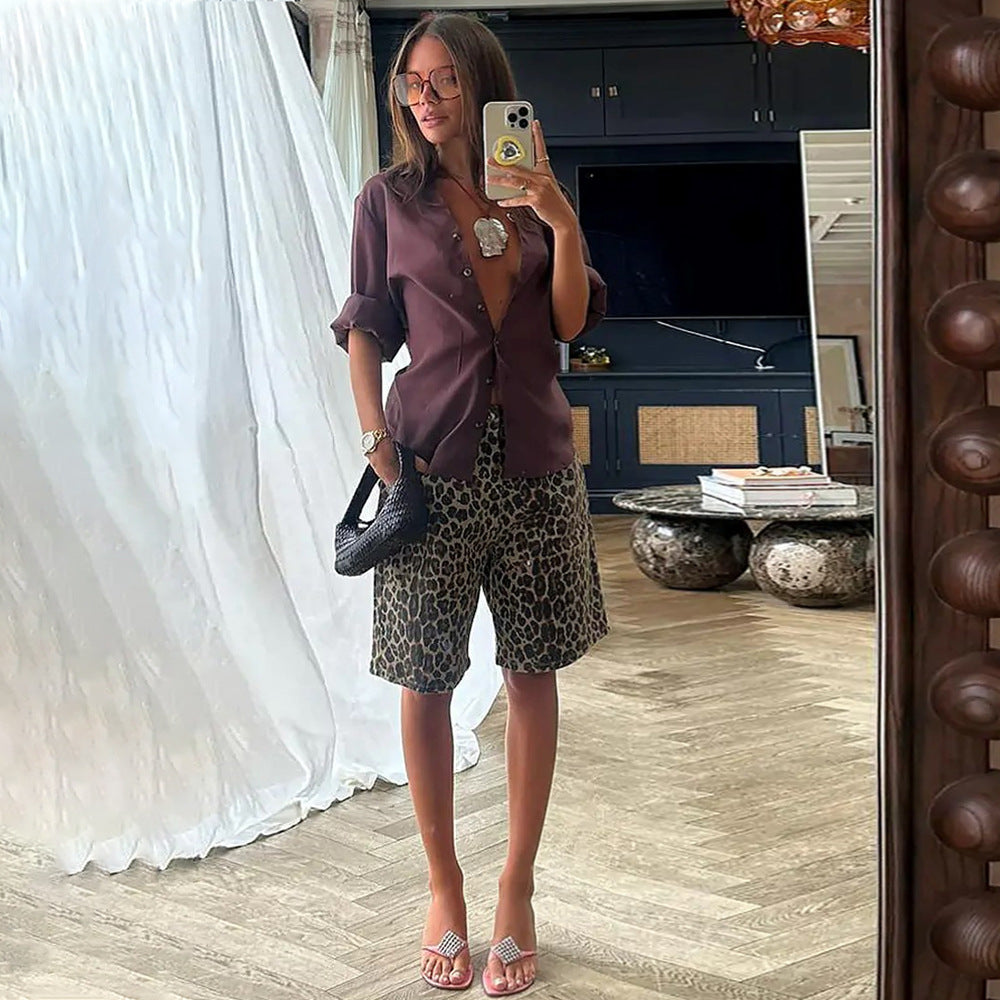 Pure Cotton Leopard Print Shorts Spring Summer Fashionable Fifth Pants Street Leopard Print Shorts for Women