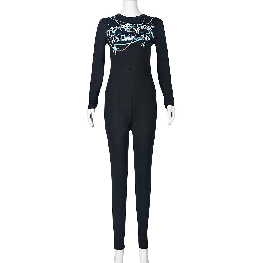 One Piece Women Clothing Print round Neck Long Sleeve Stretchy Slim Fit Tight Jumpsuit