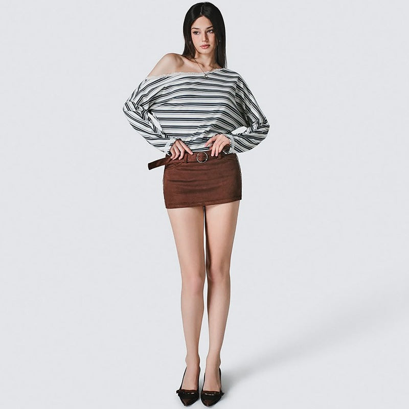 Striped Long Sleeved T shirt for Women Autumn Winter Lace Knitted Top for Women