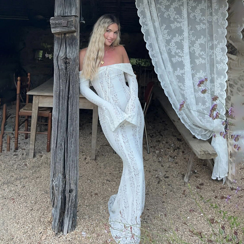 Vêtements d'automne-hiver pour femmes, col montant, manches longues sexy, épaules dénudées, dentelle ajourée, coupe ajustée, style sirène