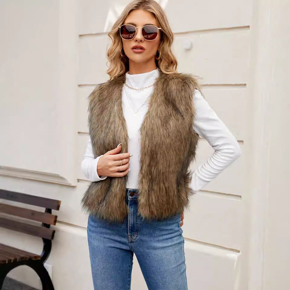 V neck Short Women Faux Fur Coat Vest Top Artificial Fur Vest