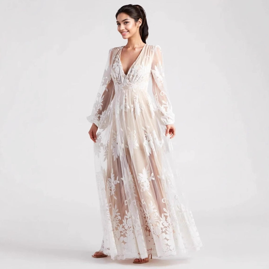 Vestido largo sexy de noche con abertura alta y mangas largas para mujer