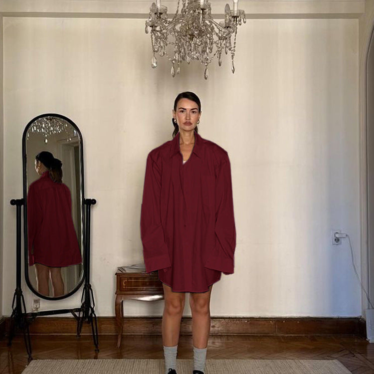 Simple Women Cotton Shirt Autumn Polo Collar Long Sleeve Cardigan Casual All Matching