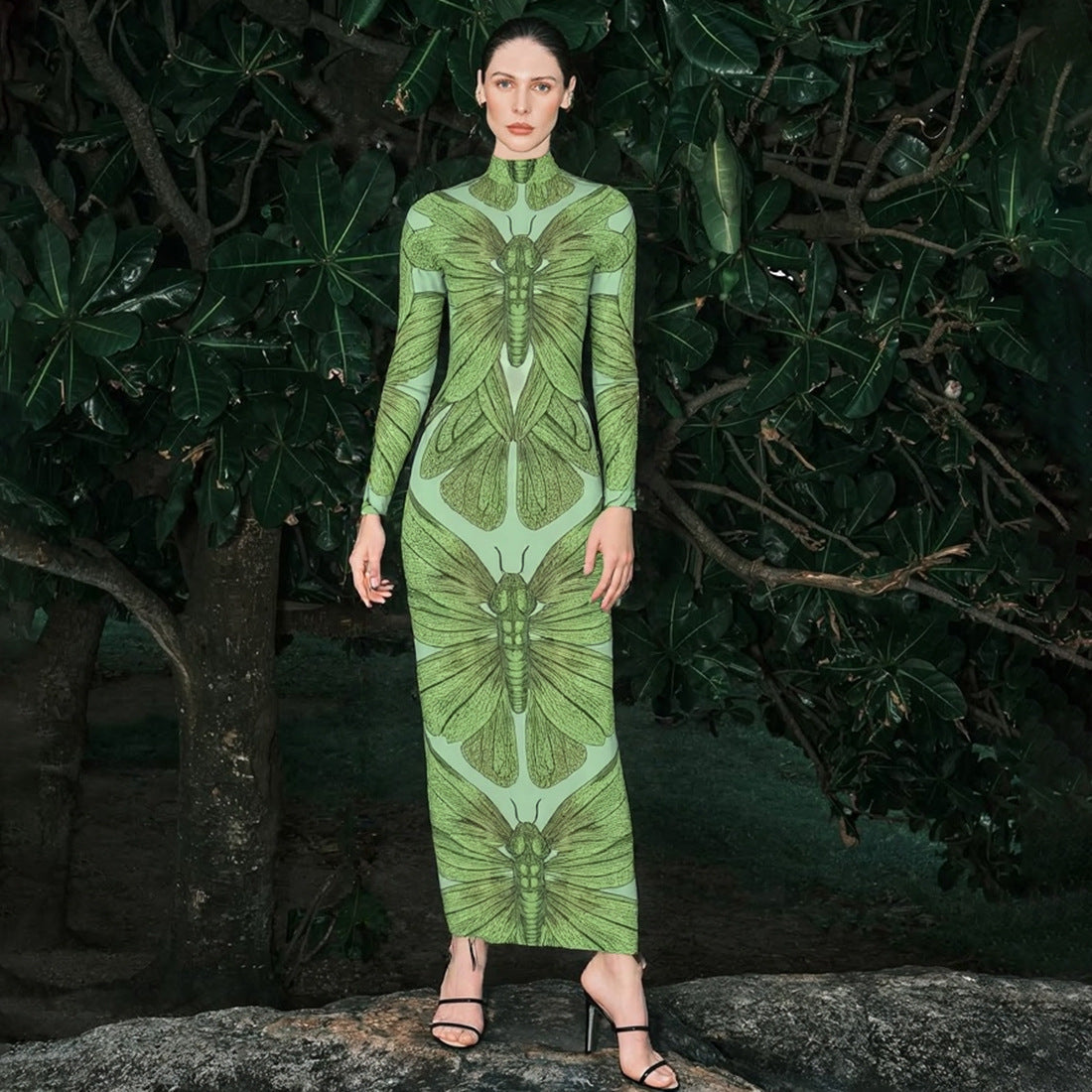 Summer Women High Collar Slim Sheath Long Printing Dress