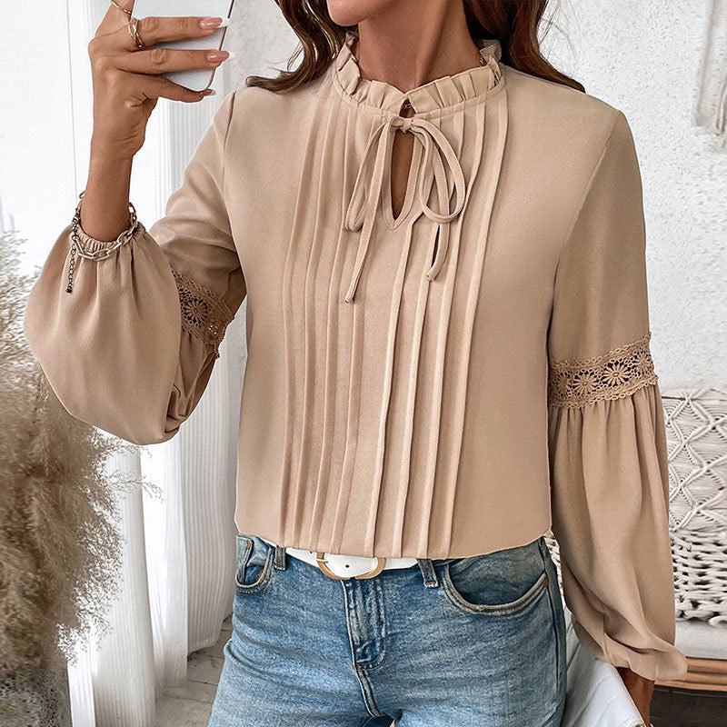 Autumn Top Tied V neck Solid Color Pleated Shirt