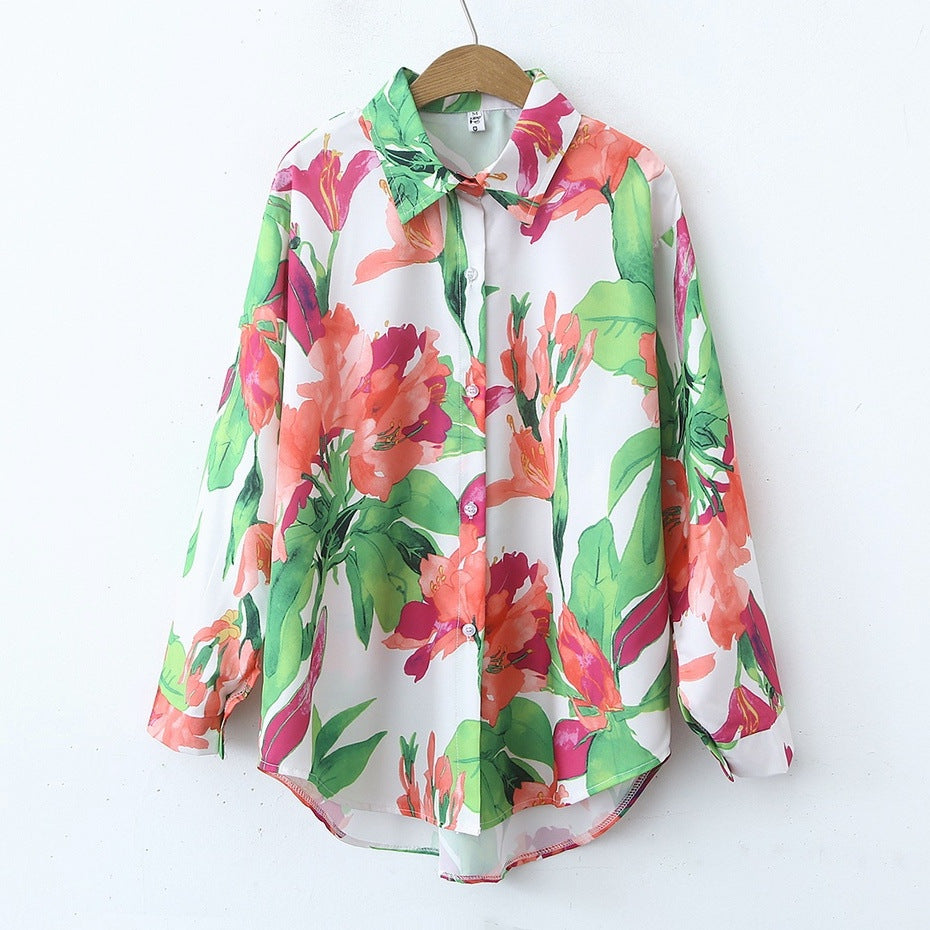 Women Floral Print Spring Loose Collared Long Sleeves Shirt