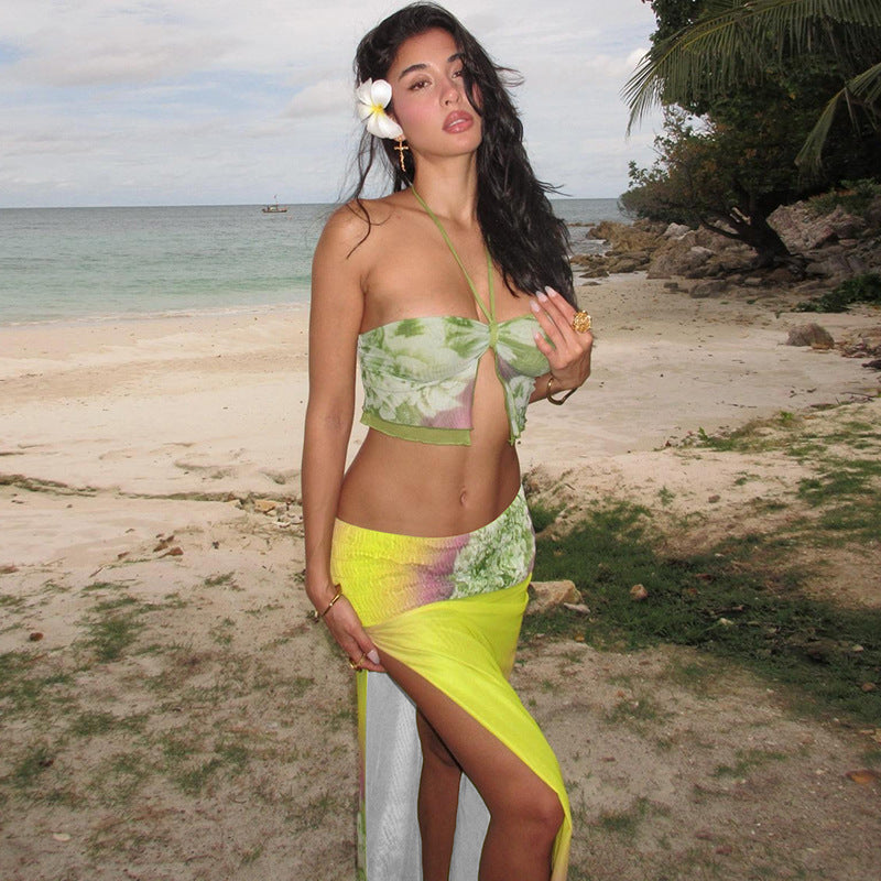 Autumn Winter Women Clothing Personality Mesh Printed Halter Spaghetti Straps Vest Sexy Slit Mid Length Skirt Set