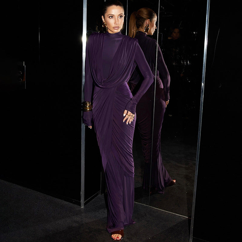 Robe élégante asymétrique à col roulé mi-long, coupe ajustée, couleur unie, automne-hiver