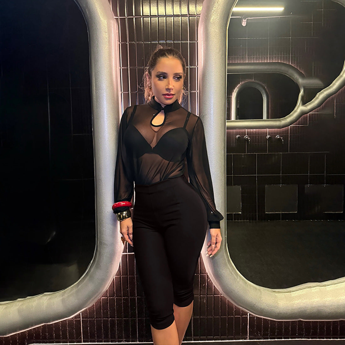 Fall Women Clothing Solid Color Personalized Turtleneck Buttons Cardigan Long Sleeve High Waist Slim Trousers for Women