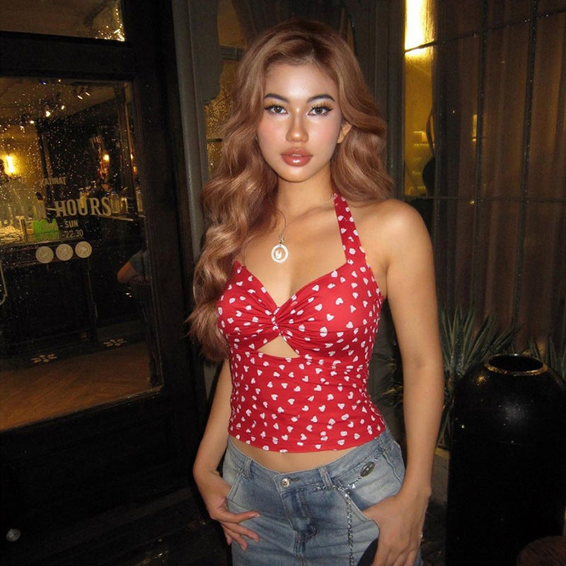 Women Clothing Spring Summer Sexy Sexy Slim Fit Halter Cut out Strap Printing Camisole Women
