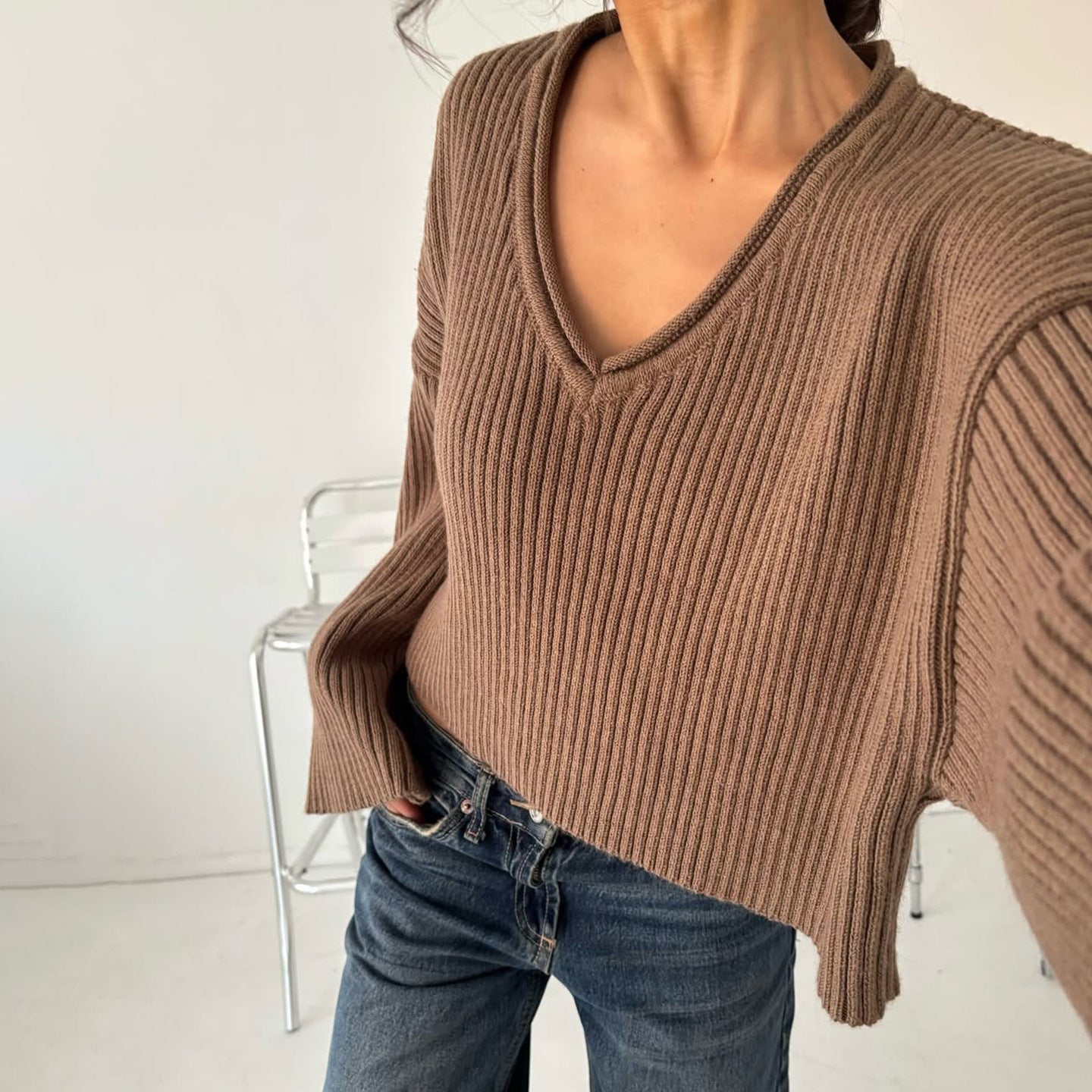 Retro V neck Sunken Stripe Solid Color Sweater Women Autumn Winter Maillard Fashionable Loose All Match Top