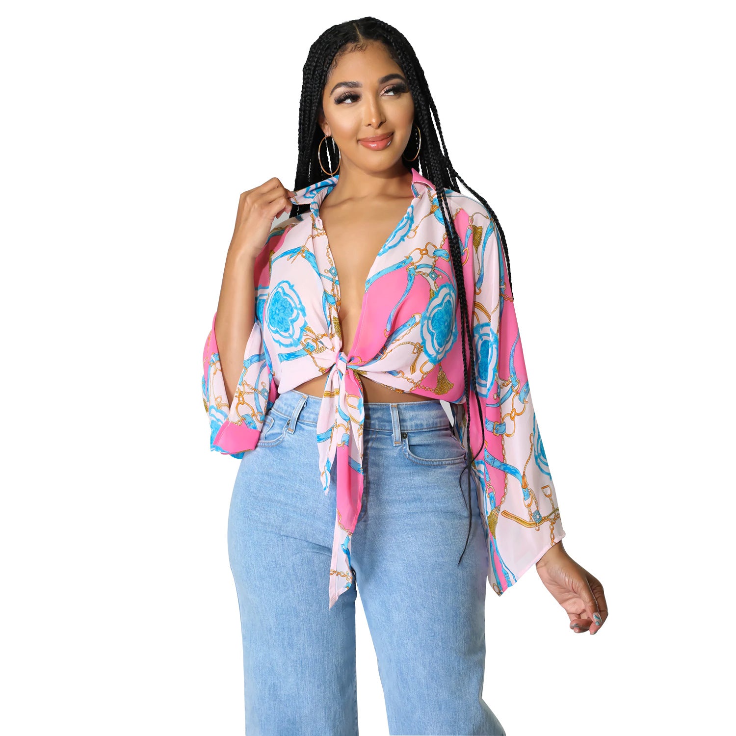 Summer Women Clothing What Printed Long Sleeve Flared Sleeves Short Top