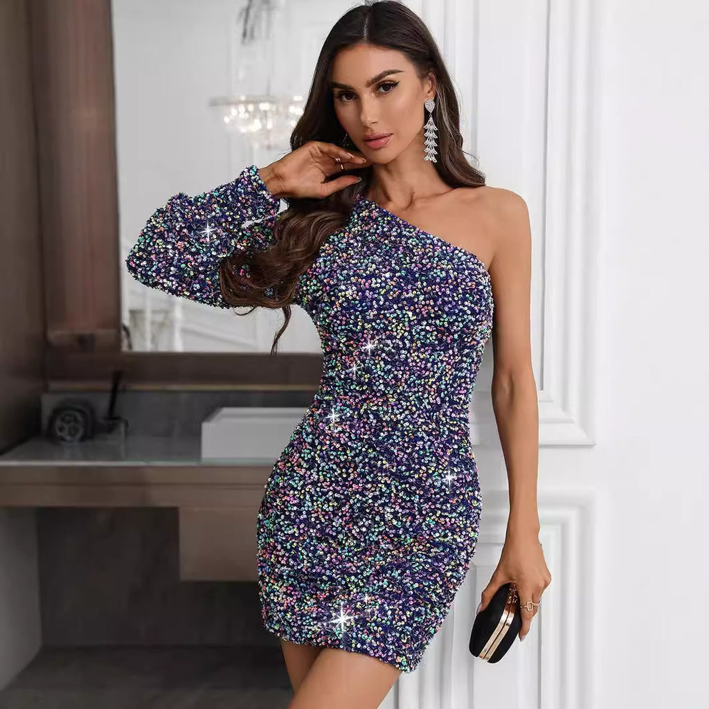 Sexy One Shoulder Long Sleeve Sequ Dress Women Clothing Party Dress