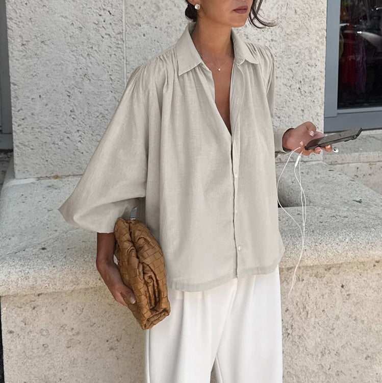 Simple Loose Fitting Women Shirt Spring Autumn Polo Collar Long Sleeve Cardigan Shirt Office Top