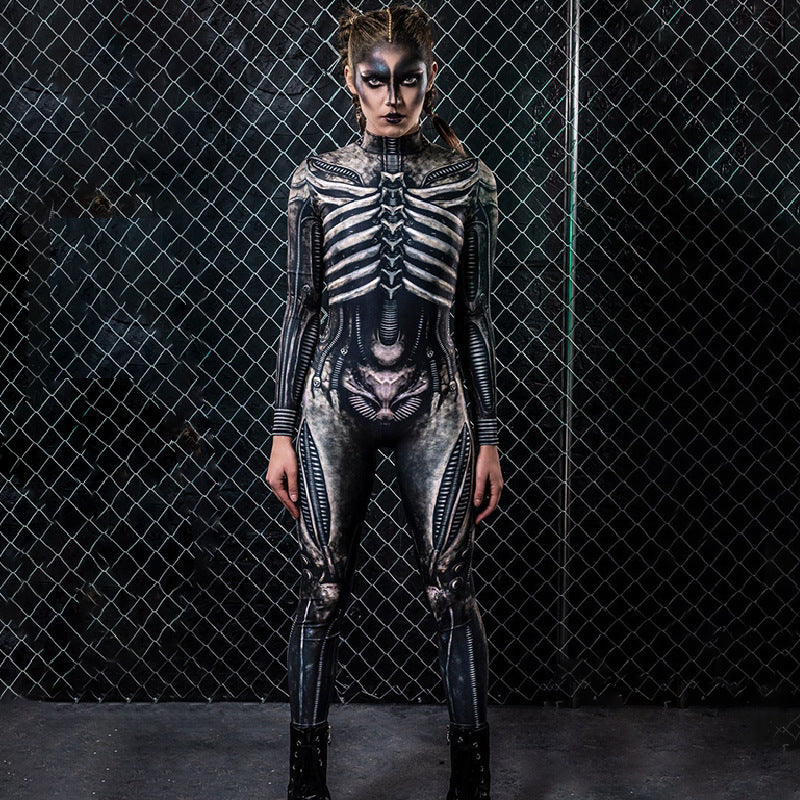 Halloween Women Clothing Body Bone Print Party Cosplay Tight Jumpsuit Women
