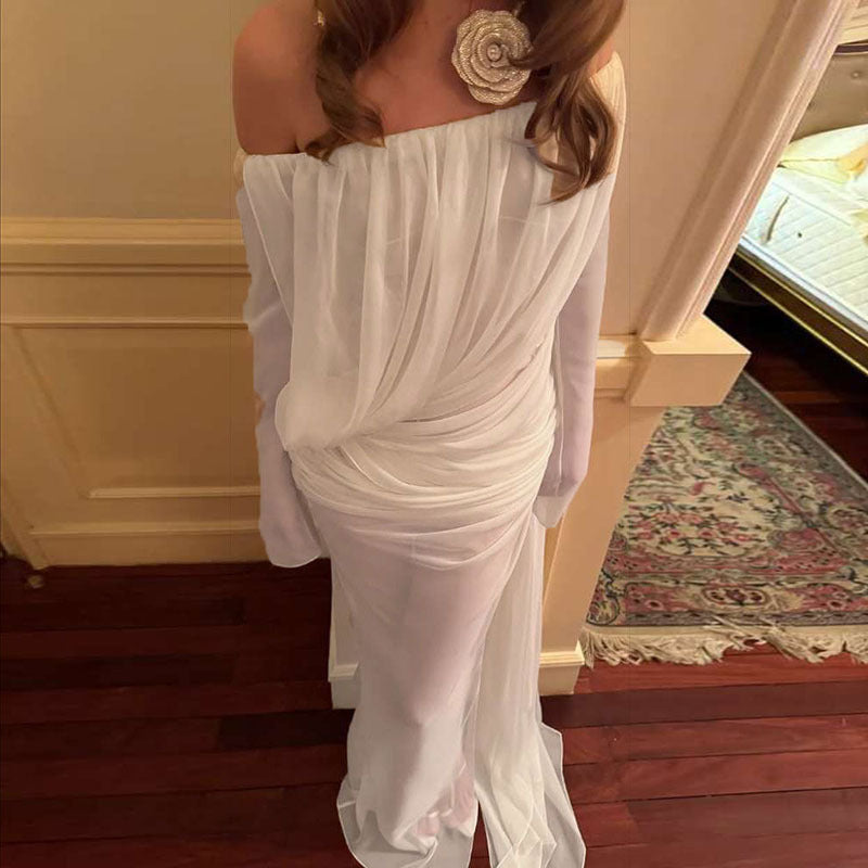 Spring Summer Women Clothing Sexy Mesh Solid Color off Shoulder Sheer Long Sleeve Dress Women