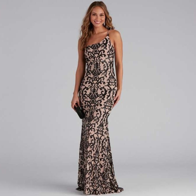 Elegant Sequ Sexy Diagonal Collar Dress Cocktail Evening Maxi Dress