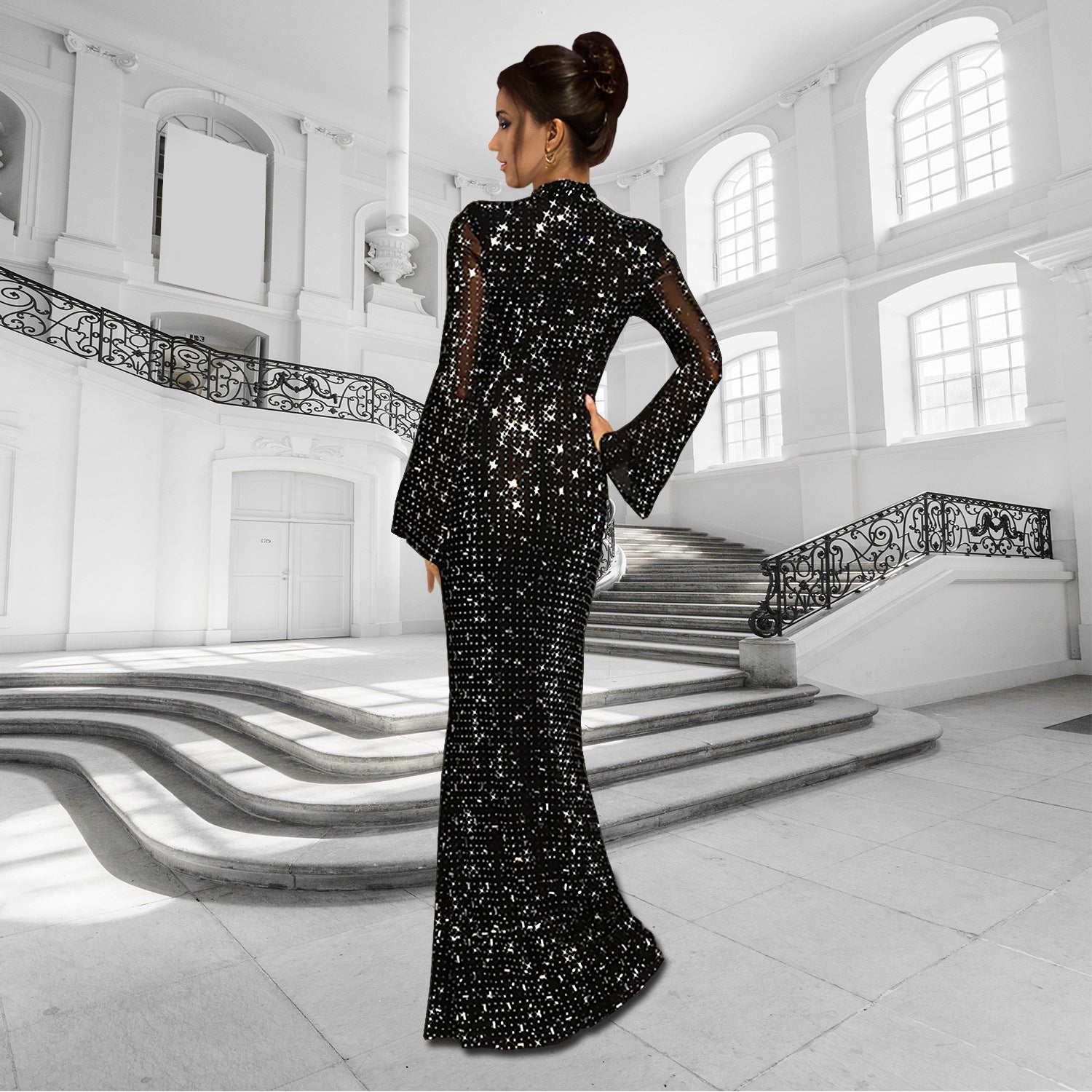 Women Clothes Evening Dress Full of Rhinestone Elegant High End Long Double Gauzy Gown Dress