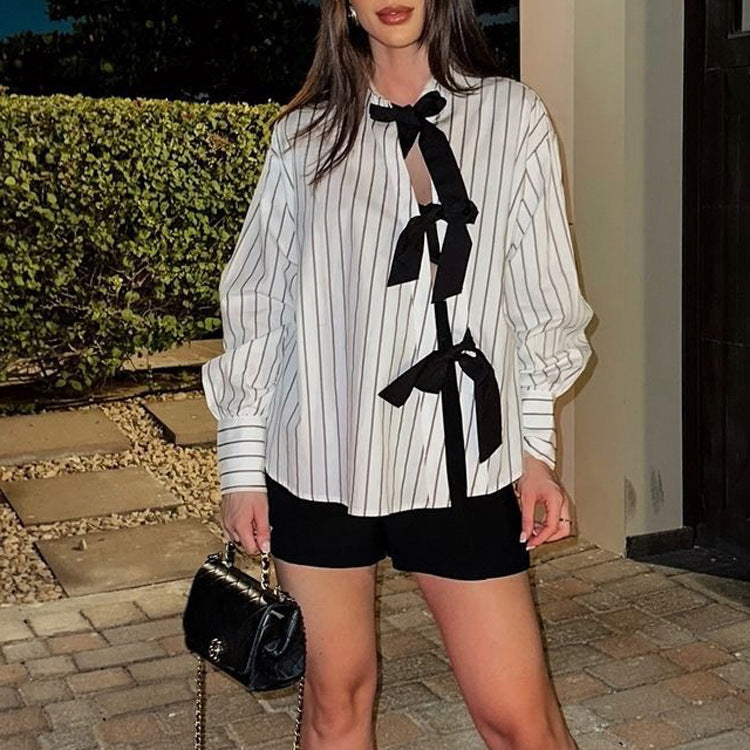 Niche Design Lace Printing Striped Shirt Women Autumn Polo Collar Long Sleeved Cardigan All Matching Top